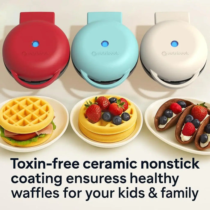 Nutricook Mini Waffle Maker | 350-420W | Healthy Ceramic Non-Stick Coating | Quick Heating | Compact And Lightweight | Red | NC-WM100R