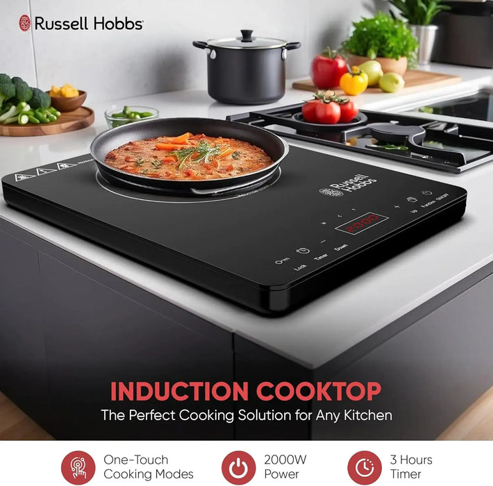 Russell Hobbs T2 Single Induction Cooker | 2000W Power | Single Burner | Adjustable Temperature Control | Portable Electric Hob | Black | T2