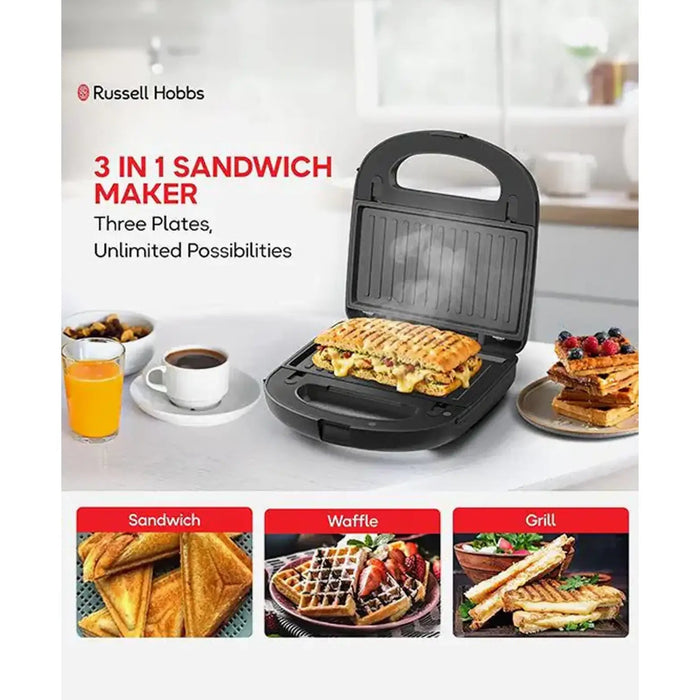 Russell Hobbs 3-In-1 Combi Sandwich Panini And Waffle Maker | 750W Power | Non-Stick Removable Plates | Thermo-Insulated Handle | Indicator Lights | Black | 24540