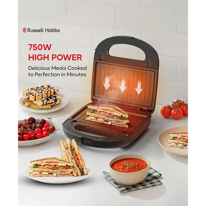 Russell Hobbs 3-In-1 Combi Sandwich Panini And Waffle Maker | 750W Power | Non-Stick Removable Plates | Thermo-Insulated Handle | Indicator Lights | Black | 24540