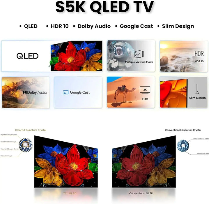 TCL 43 Inch S5K QLED Full HD Smart Google TV | HDR10 | Dolby Audio | Google Cast | Slim Bezel-Less Design | 43S5K