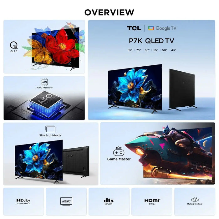 TCL 85 Inch 4K QLED Google TV 2025 | Slim & Uni-body | AiPQ Processor | Dolby Vision & Atmos | HDR10+ | HVA Panel | 85P7K |