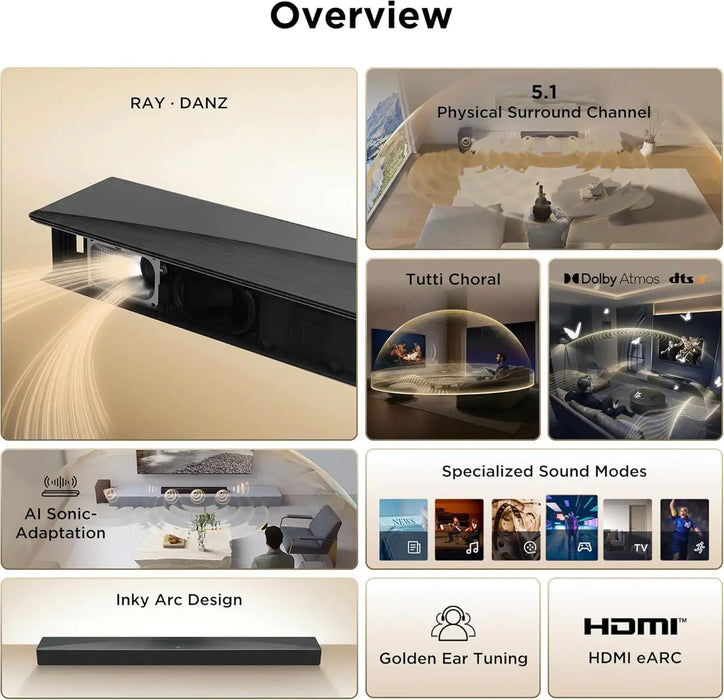 TCL Q65H 5.1 Channel Soundbar with Wireless Subwoofer | 580W Dolby Atmos DTS:X | Ray Danz Technology | Bluetooth 5.1 | HDMI eARC | Q65H
