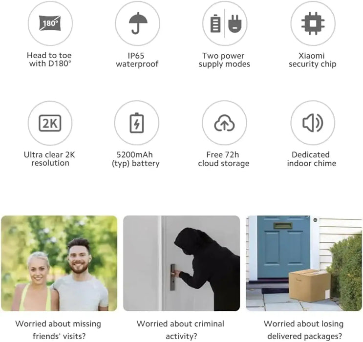 Xiaomi Smart Doorbell 3S | 2K Ultra-Clear Video | 180¡ Wide View | Wi-Fi 6 | IP65 Weather Resistant | 5200mAh Battery | MJML07-FJ
