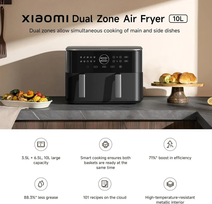 Xiaomi Dual Zone Air Fryer 10L | 10L Capacity (3.5L + 6.5L) | 2700W High Power | Dual Independent Baskets | 40Ð230¡C Temperature Range | Black | MAF-D1001