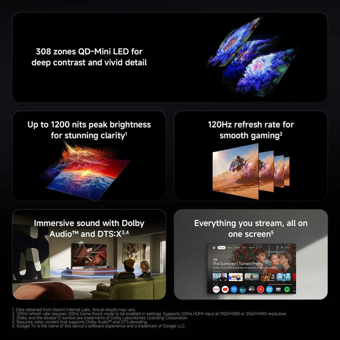 Xiaomi TV S Mini LED 98 4K QD-Mini LED Smart TV | 98 Inch | 4K UHD 3840 x 2160 | QD-Mini LED 880 Zones | 144Hz Refresh Rate | Dolby Vision IQ Dolby Atmos | Google TV | L98MC-SME