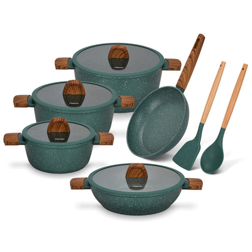 11-Piece Cookware Set Falak Aluminium with Non-Stick Coating Stockpot 20cm,24cm,28cm, Shallow Casserole 28cm, Frying Pan 24cm + Cooking Spoon And Turner Fissman
