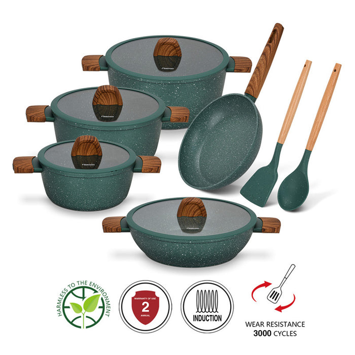Fissman 11-Piece Cookware Set Falak Aluminium with Non-Stick Coating Stockpot 20cm,24cm,28cm, Shallow Casserole 28cm, Frying Pan 24cm + Cooking Spoon And Turner