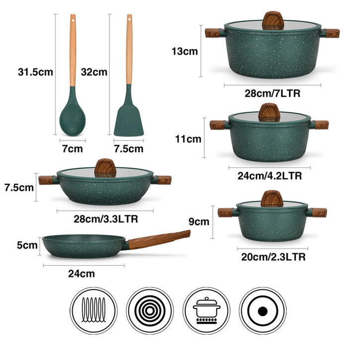 Fissman 11-Piece Cookware Set Falak Aluminium with Non-Stick Coating Stockpot 20cm,24cm,28cm, Shallow Casserole 28cm, Frying Pan 24cm + Cooking Spoon And Turner