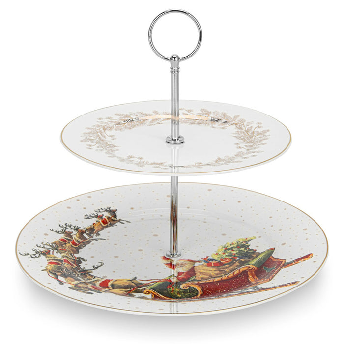 2-Tier Fruit Stand - 19cm/27cm Serving Plate, 22cm Stand - Christmas Themed-Design Cake Stand | New Bone Serving Plate | Stainless Steel Stand | for Fruit, Vegetable, Snack, Nuts