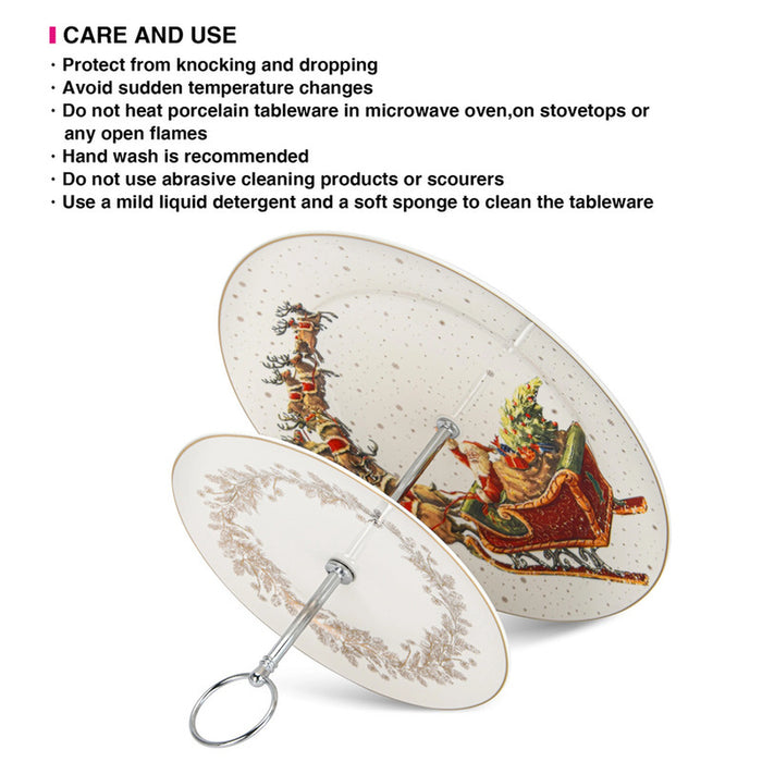 2-Tier Fruit Stand - 19cm/27cm Serving Plate, 22cm Stand - Christmas Themed-Design Cake Stand | New Bone Serving Plate | Stainless Steel Stand | for Fruit, Vegetable, Snack, Nuts