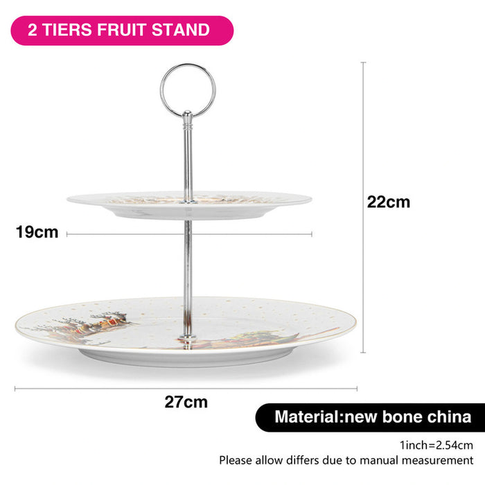 2-Tier Fruit Stand - 19cm/27cm Serving Plate, 22cm Stand - Christmas Themed-Design Cake Stand | New Bone Serving Plate | Stainless Steel Stand | for Fruit, Vegetable, Snack, Nuts