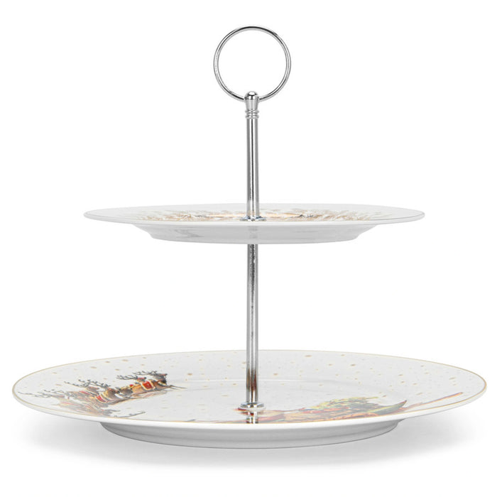 2-Tier Fruit Stand - 19cm/27cm Serving Plate, 22cm Stand - Christmas Themed-Design Cake Stand | New Bone Serving Plate | Stainless Steel Stand | for Fruit, Vegetable, Snack, Nuts