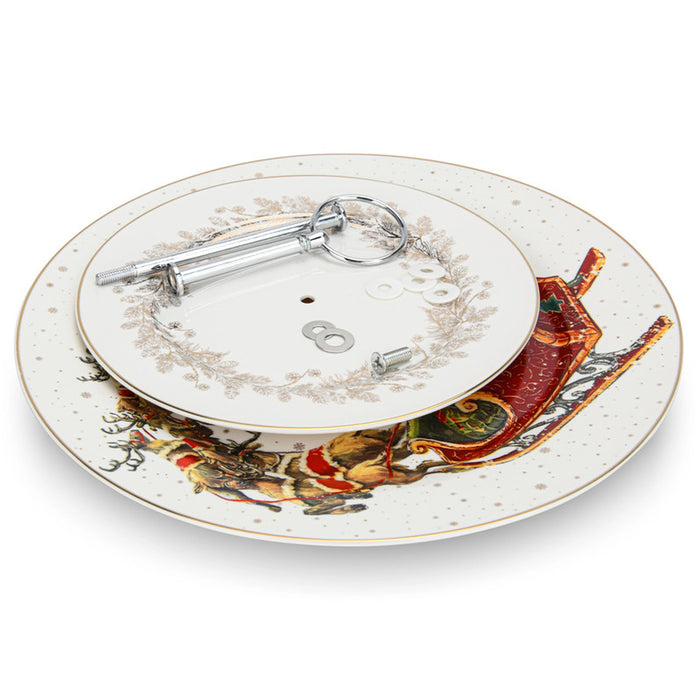 2-Tier Fruit Stand - 19cm/27cm Serving Plate, 22cm Stand - Christmas Themed-Design Cake Stand | New Bone Serving Plate | Stainless Steel Stand | for Fruit, Vegetable, Snack, Nuts
