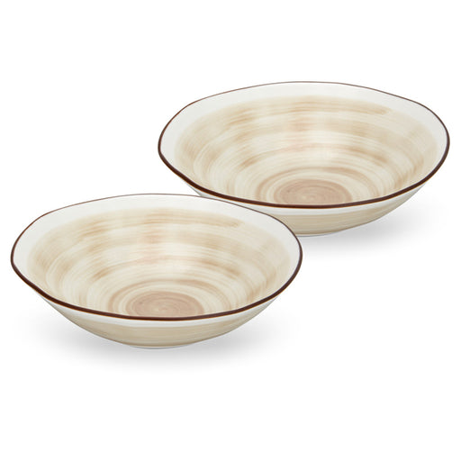 Two beige ceramic bowls with brown rim on a white background