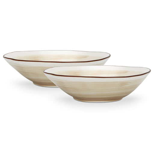 Two beige ceramic bowls with brown rim on a white background