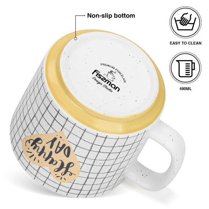 Fissman 2-Piece Mugs 490ml Happy Day Checked New Bone China