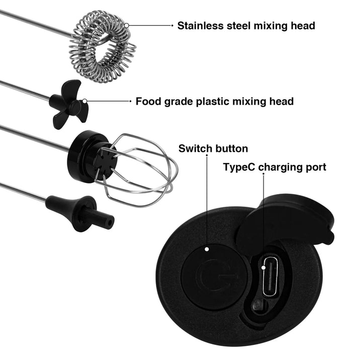 Fissman 4-in-1 Milk Frother with Stand, Handheld Rechargeable Electric Ultra Fast 12000 RPM Milk Frother with 4-Different Whisks