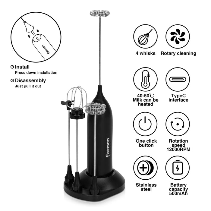 Fissman 4-in-1 Milk Frother with Stand, Handheld Rechargeable Electric Ultra Fast 12000 RPM Milk Frother with 4-Different Whisks