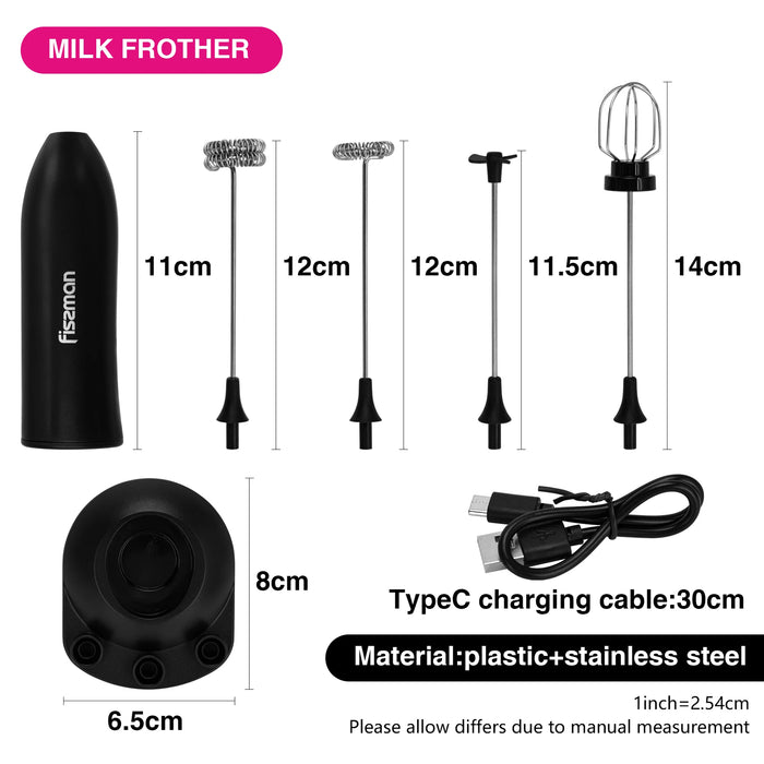 Fissman 4-in-1 Milk Frother with Stand, Handheld Rechargeable Electric Ultra Fast 12000 RPM Milk Frother with 4-Different Whisks