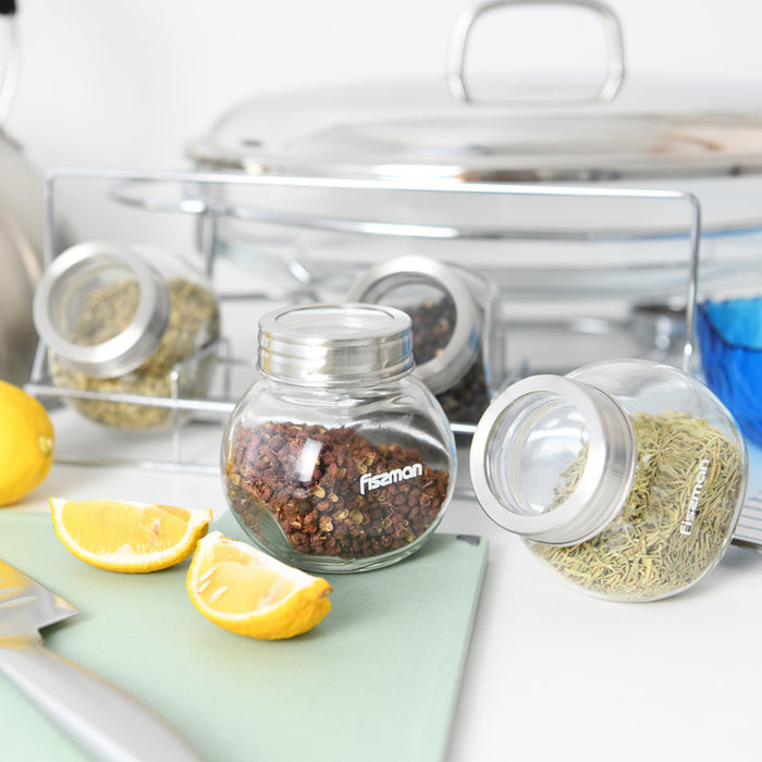 Fissman 4-Piece Glass Condiment Set 195ml with Rack Organizer