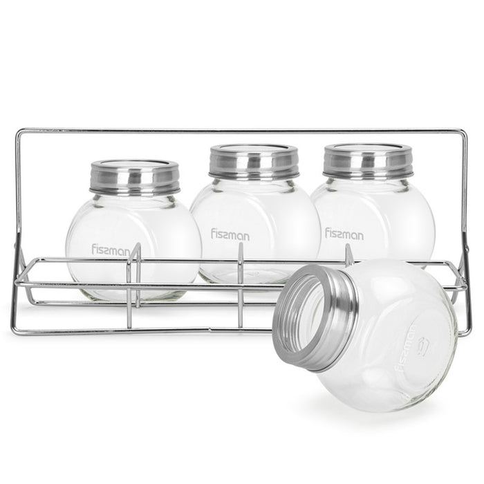 Fissman 4-Piece Glass Condiment Set 195ml with Rack Organizer