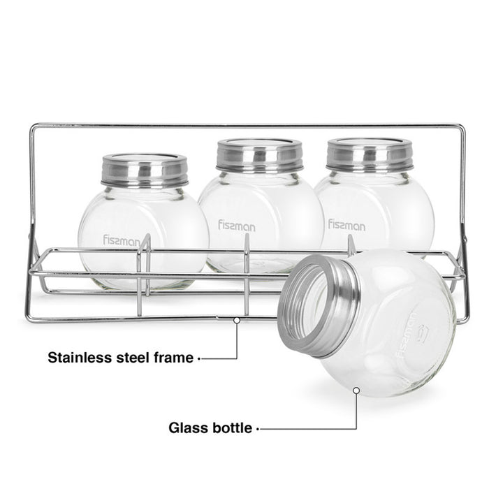 Fissman 4-Piece Glass Condiment Set 195ml with Rack Organizer
