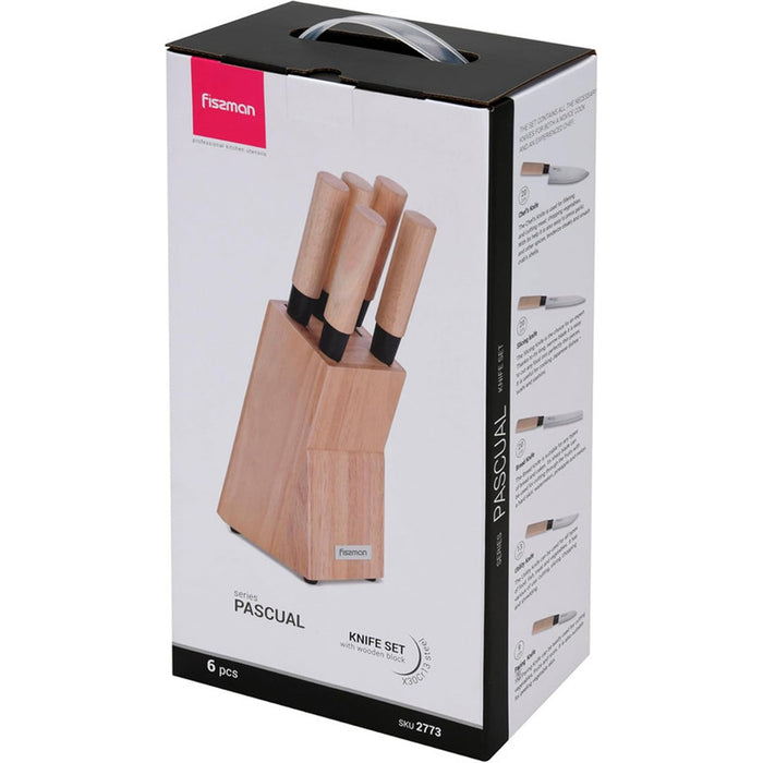 Fissman 6-Piece Kitchen Knife Set with Wooden Block, Stainless Steel Pascual Series Multicolor