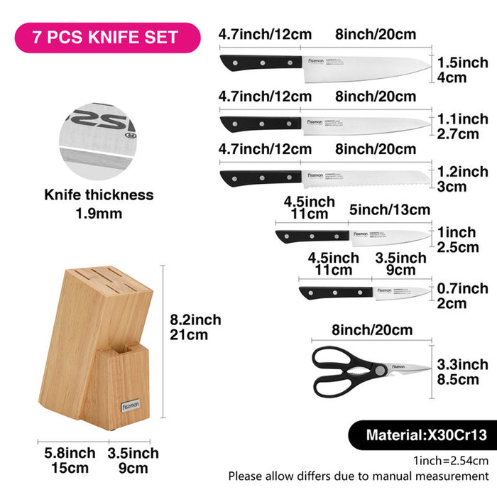 Fissman 7-Piece Knife Set Kanematsu with Wooden Block X30Cr13 Steel
