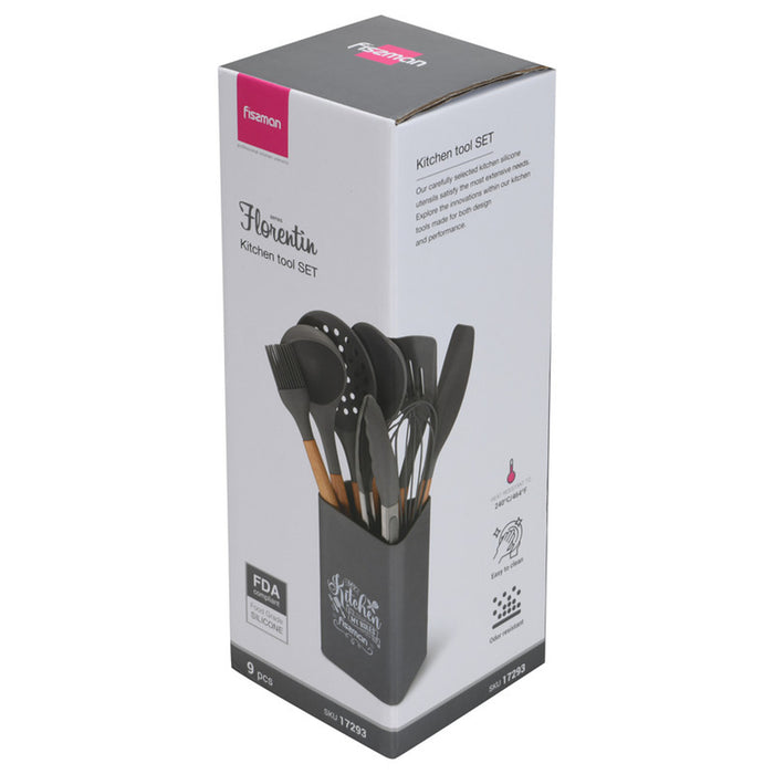Fissman 9-Piece Kitchen Utensil Set with Holder Rack, Silicone Cooking Kitchen Tool Set with Wooden Handle