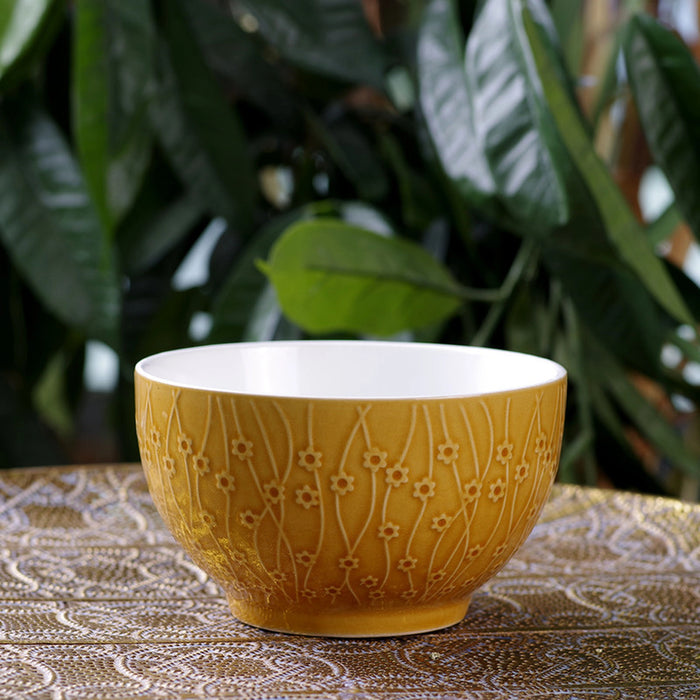 Bowl Ceramic Tableware, Thick-Edge Non-Slip Design, For Cereal, Salad, Pasta, Soup, Dessert, Serving of Rice, For Breakfast, Embossed Design, Scratch Resistant Yellow 14cm/640ml (Yellow)