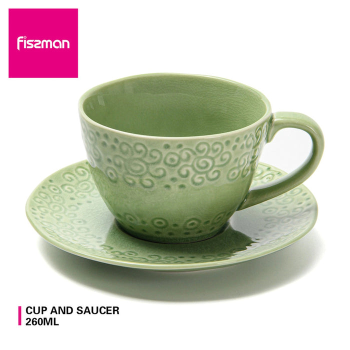 Ceramic Mug And Saucer Set Green Crackle, Dishwasher&Microwave Safe, Breakfast Cup, for Coffee, Cocoa, Cappuccino, Milk, Hot Water With Lemon, Tea, Hot Choco For Kids, For Coffee Lover(260ml) Fissman
