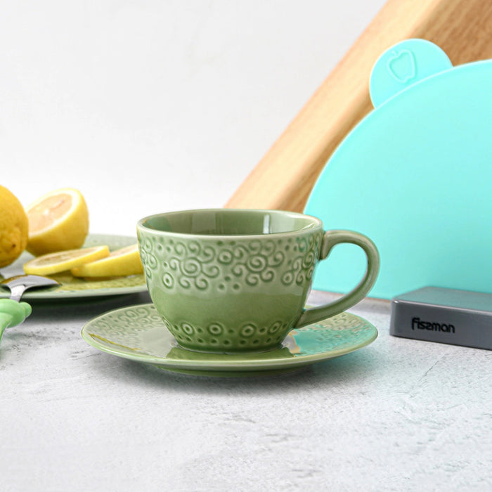 Ceramic Mug And Saucer Set Green Crackle, Dishwasher&Microwave Safe, Breakfast Cup, for Coffee, Cocoa, Cappuccino, Milk, Hot Water With Lemon, Tea, Hot Choco For Kids, For Coffee Lover(260ml) Fissman
