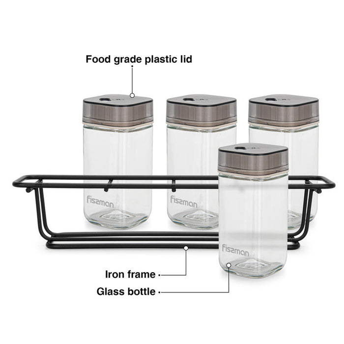 Fissman Condiment Set, with Stainless Lids And Chrome Steel Stand
