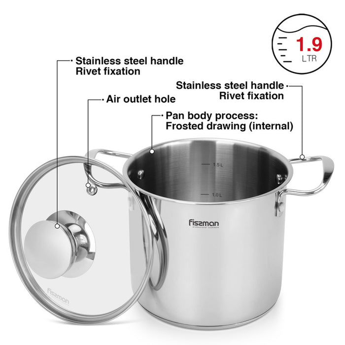 Fissman Cooking Pot 14x12.5 cm / 1,9 LTR with glass lid Stainless Steel Mini Cook Series