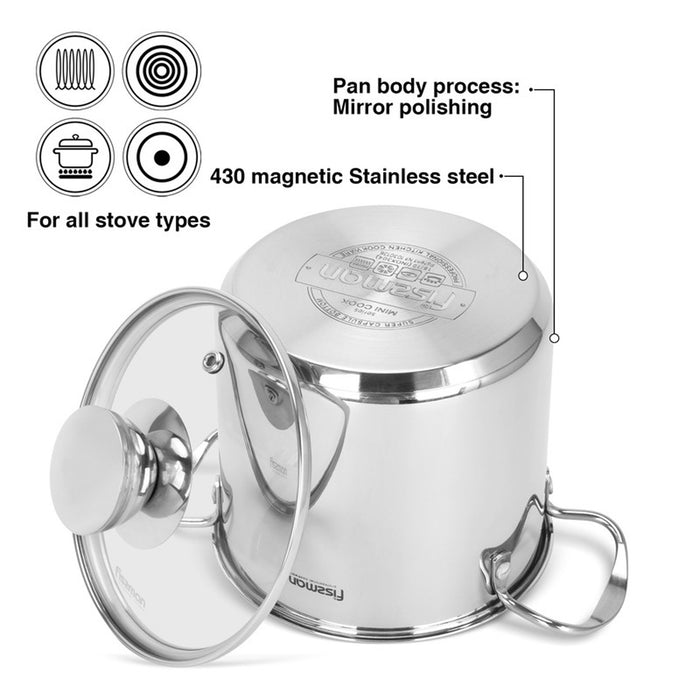 Fissman Cooking Pot 14x12.5 cm / 1,9 LTR with glass lid Stainless Steel Mini Cook Series