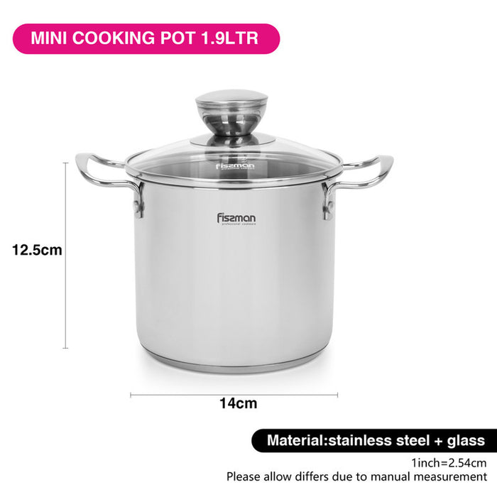 Fissman Cooking Pot 14x12.5 cm / 1,9 LTR with glass lid Stainless Steel Mini Cook Series