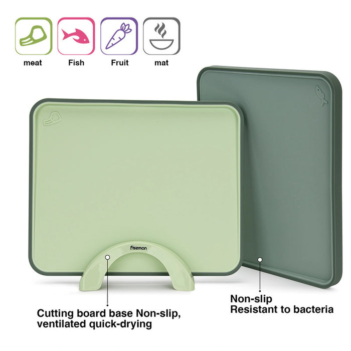 Cutting Board Set with Stand Organizer, Thermoplastic Rubber Chopping Board,Slicing Board Reversible,Dishwasher Safe,Juice Groove,Non-Slip Board For Meat Fruits Veggies (Green 34/28cm)