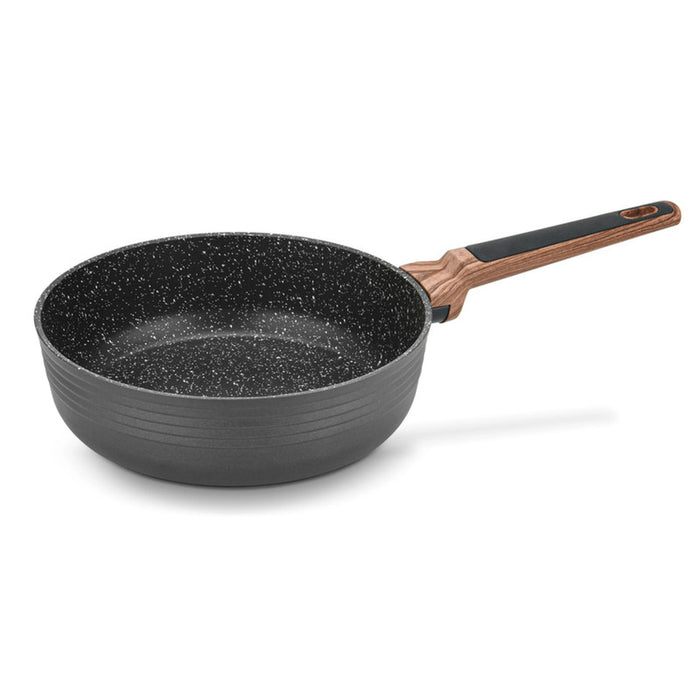 Deep Fry Pan DIAMOND 24 cm, Forged Aluminum, Greblon C3+ Black Marble Coating, Wooden Soft Touch Dandle Fissman