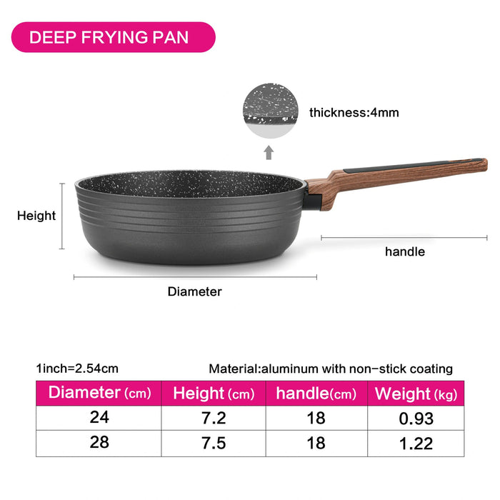 Deep Fry Pan DIAMOND 24 cm, Forged Aluminum, Greblon C3+ Black Marble Coating, Wooden Soft Touch Dandle Fissman