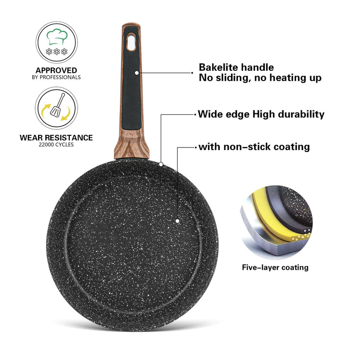Deep Fry Pan DIAMOND 24 cm, Forged Aluminum, Greblon C3+ Black Marble Coating, Wooden Soft Touch Dandle Fissman