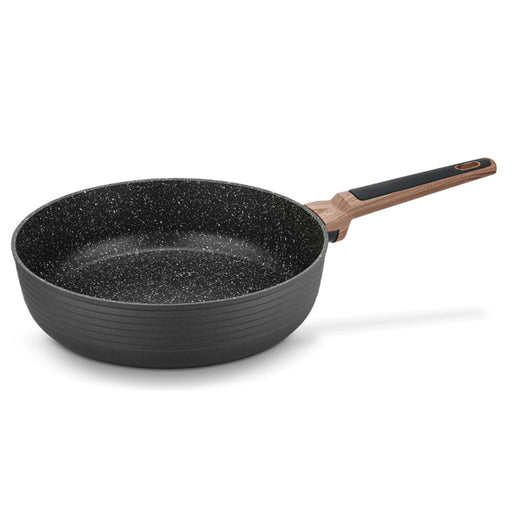 Deep Fry Pan DIAMOND 28 cm, Forged Aluminum, Greblon C3+ Black Marble Coating, Wooden Soft Touch Dandle Fissman