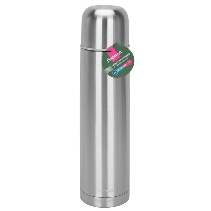 Double Wall Vacuum Flask Stainless Steel, Metallic Silver Up To 12Hours Thermal Water Bottle for Tea Hot & Cold Drinks Bottles (1000ml)