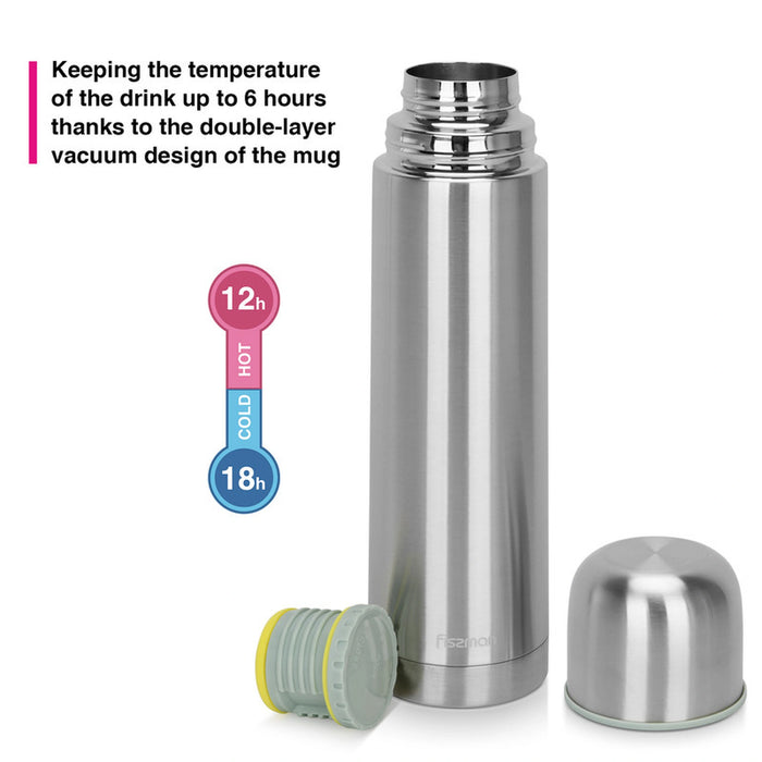 Double Wall Vacuum Flask Stainless Steel, Metallic Silver Up To 12Hours Thermal Water Bottle for Tea Hot & Cold Drinks Bottles (750ml)