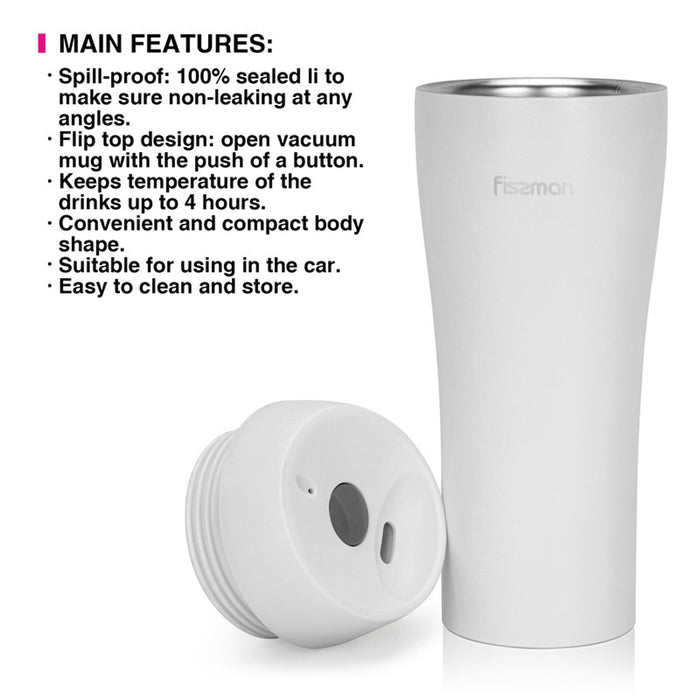 Fissman Double Wall Vacuum Travel Mug 420ml, Color White Stainless Steel