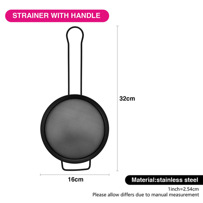Fissman Fine Mesh Strainer 16cm with Handle, Kitchen Fine Mesh Seive Stainless Steel, Sieve Sifters For Food, Tea, Rice, Oil, Noodles, Fruits, Vegetables - Easy to Clean, Rust Proof (Black)