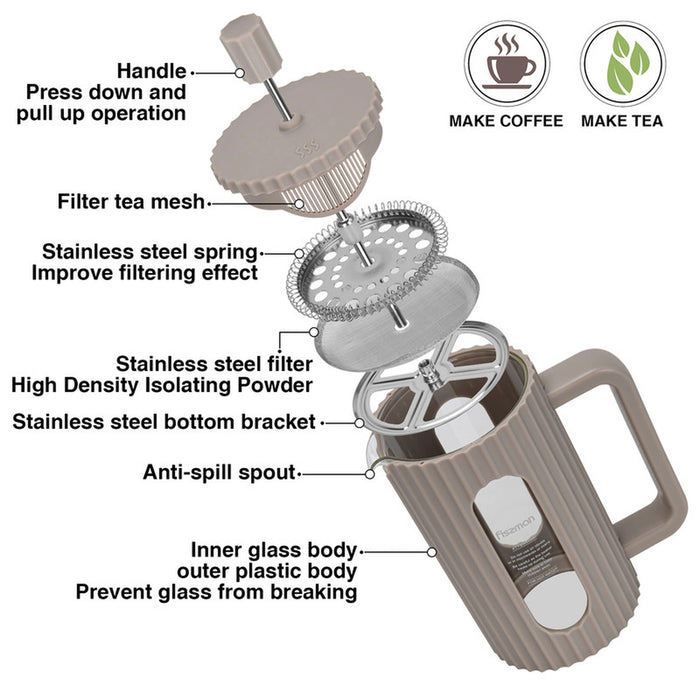 French Press Coffee and Tea Maker 350mL, Heat Resistant Thickened Borosilicate Glass Stainless Steel Coffee and Tea Press, Hot and Cold Brew Coffee French Press (Beige)