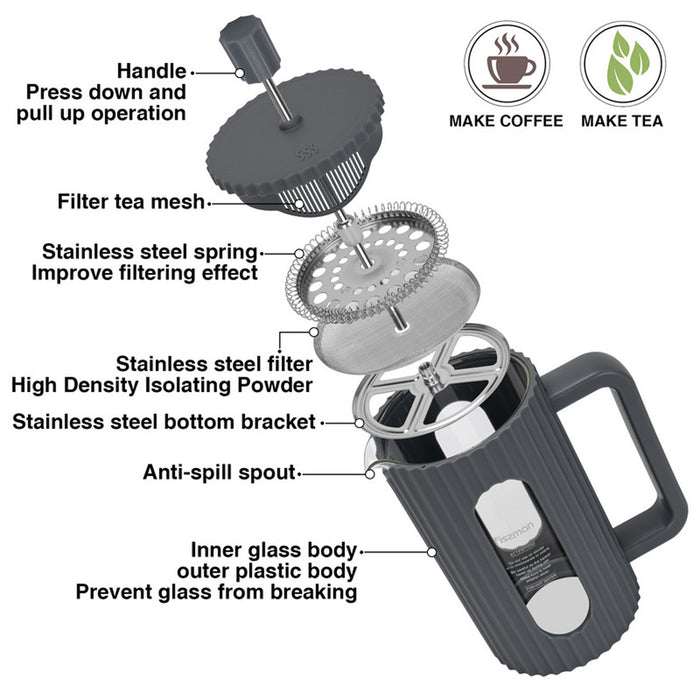 Fissman French Press Coffee Maker 350ml Borosilicate Glass Gray