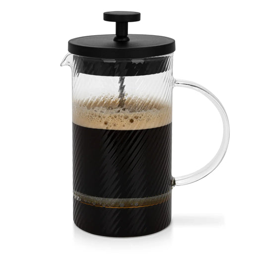 Black and clear French press coffee maker with a white background