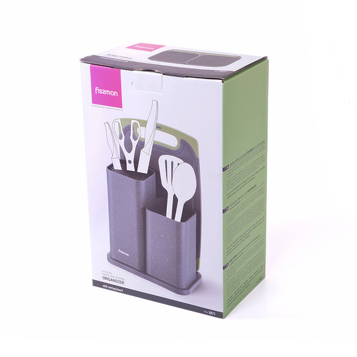 Fissman Kitchen Knife And Utensil Organizer (21.5x13.2x23cm) With Cutting Board (33x20x0.6cm) Grey (Plastic)